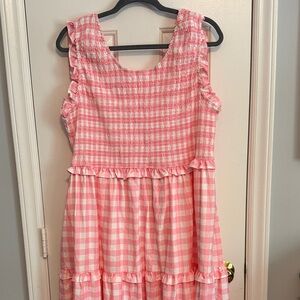 Sleeveless Pink Gingham Tiered Maxi Dress with Ruffle Accents